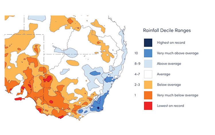 Figure 20. One-month rainfall deciles, Murray-Darling Basin, July 2020