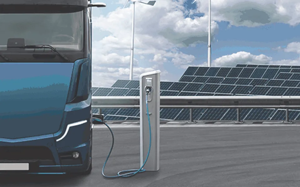 Electric Truck Charging Background Solar Panels