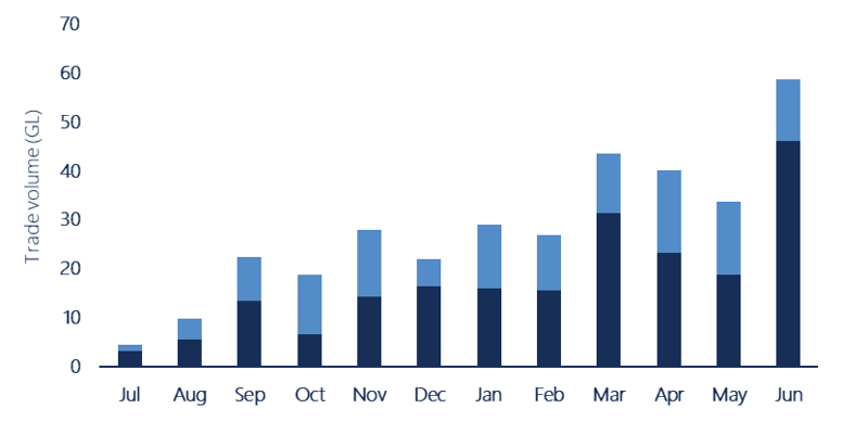 Figure 15. Monthly allocation transfer and trade volumes, NSW and Victorian Murray (above Barmah) 2020-21