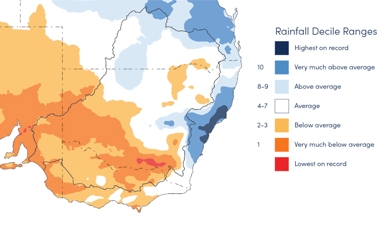 Figure 21.  One-month rainfall deciles, Murray-Darling Basin, July 2022 (issued 31 July 2022).