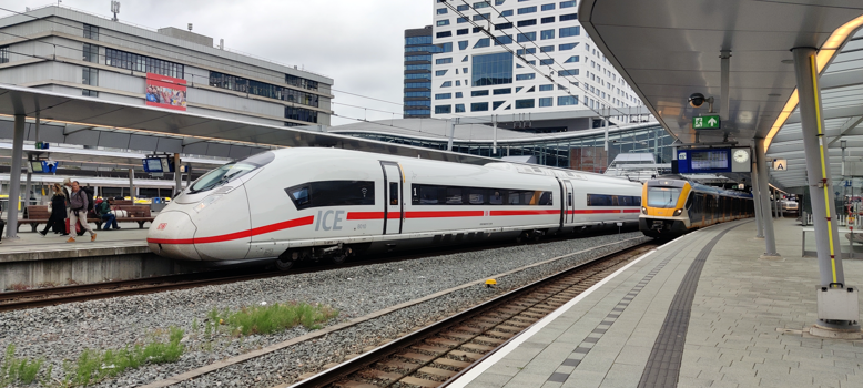 ICE3neo (Velaro MS) train set 8010 as ICE 153 from Amsterdam to Frankfurt, at Utrecht Central station.
