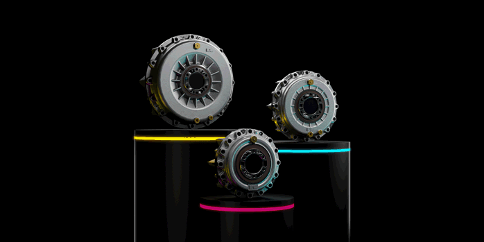 The Element range sitting on lit up plinths. High torque is yellow. Mid torque is cyan. Low torque is magenta.