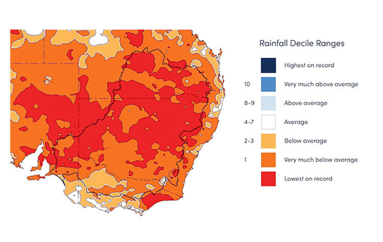 Figure 3.  Rainfall deciles for the Murray-Darling Basin, 1 February 2017 to 31 January 2020 (driest 36-month period on record)